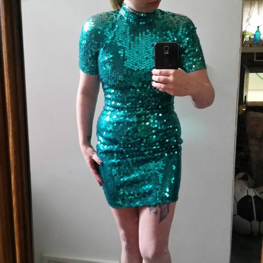 HP! Emerald/Teal Sequin HighCollar Open Back Dress